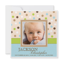 Baby Boy Birth Two Photos in Blue + Green Dots Custom Announcements