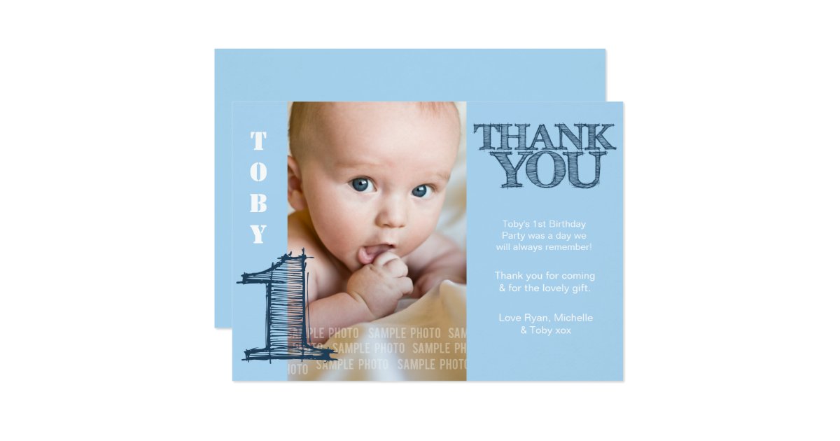 Baby Boy Blue 1st Birthday Thank You Photo Card | Zazzle