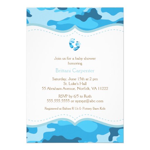 Baby Boy Blue Camo Shower Invitation with feet (front side)