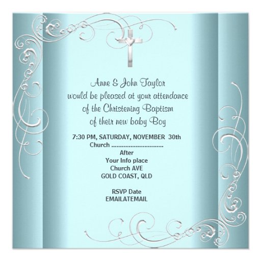 Baby Boy Blue Christening Baptism Cross Prince Personalized Invitations