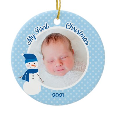 Baby Boy Blue Snowman First Christmas Photo Christmas Ornament