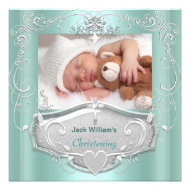 Baby Boy Christening Baptism Mint Silver Cross Invitation