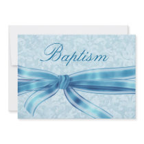 Baby Boy Christening Blue Damask Linen Paper Personalized Invitations