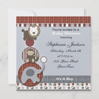 Baby Monkey Baby Shower Theme on Baby Boy Elephant Monkey And Lion Baby Shower Invi Invitation