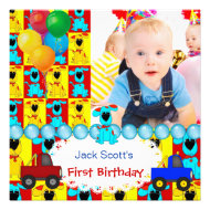 Baby Boy First Birthday 1st Colorful Puppy dogs Custom Announcements