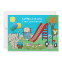 Baby Boy First Birthday Backyard Playground Announcements