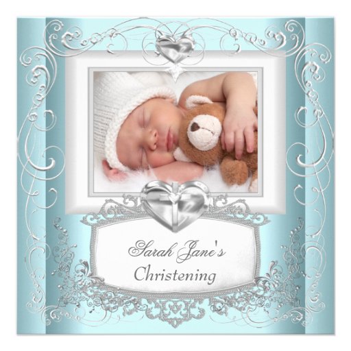 Baby Boy Girl Blue Christening Baptism Cross White Personalized Invites