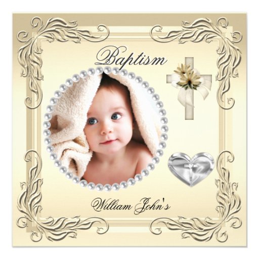 Baby Boy Girl Gold Cream Christening Baptism Cross Announcements (front side)