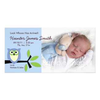 Baby Boy Owl Theme Birth Announcement Photo Card