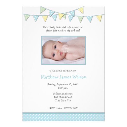 Baby Boy Photo Sip and See Invitation (front side)