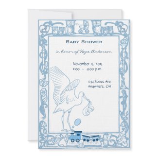 Baby Boy Stork & Owl Border Shower Announcement invitation