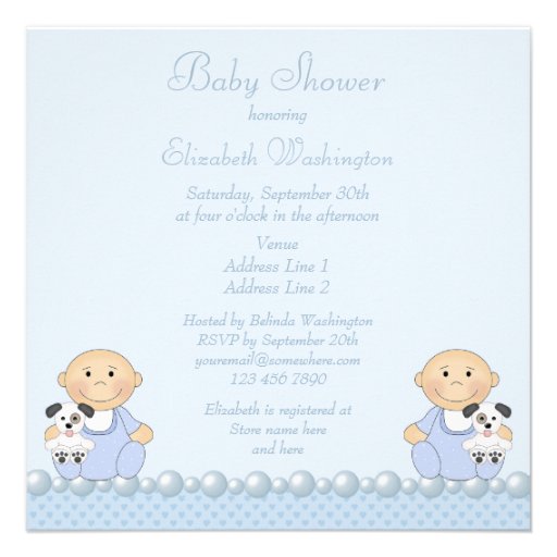 Baby Boy Twins & Puppies Blue Baby Shower Custom Invitations