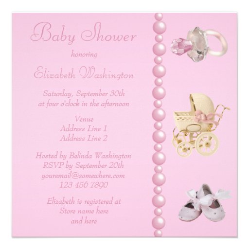 Baby Carriage, Shoes, Pacifier, Pearls Baby Shower Invitations