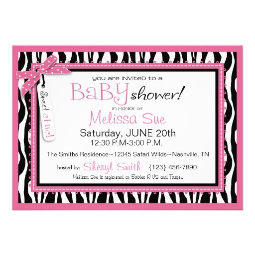 Baby Carriage, Zebra Print & Hot Pink Baby Shower Personalized Invites