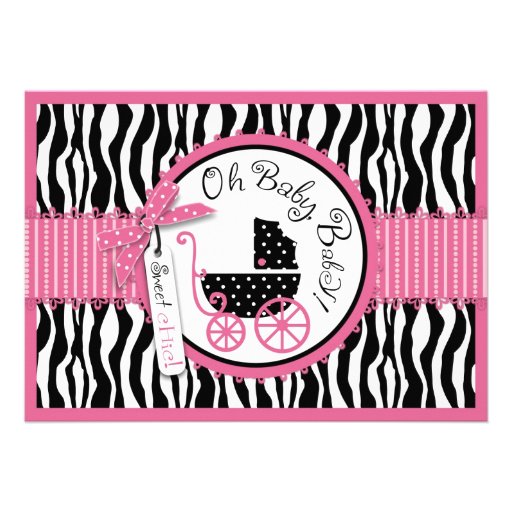 Baby Carriage, Zebra Print & Hot Pink Baby Shower Personalized Invites