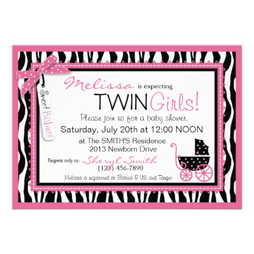 Baby Carriage, Zebra Print & Hot Pink Baby Shower Personalized Invitations