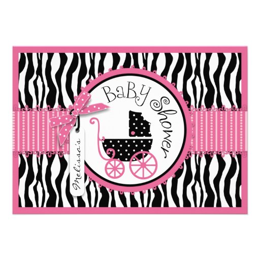 Baby Carriage, Zebra Print & Hot Pink Baby Shower Personalized Invitations (front side)