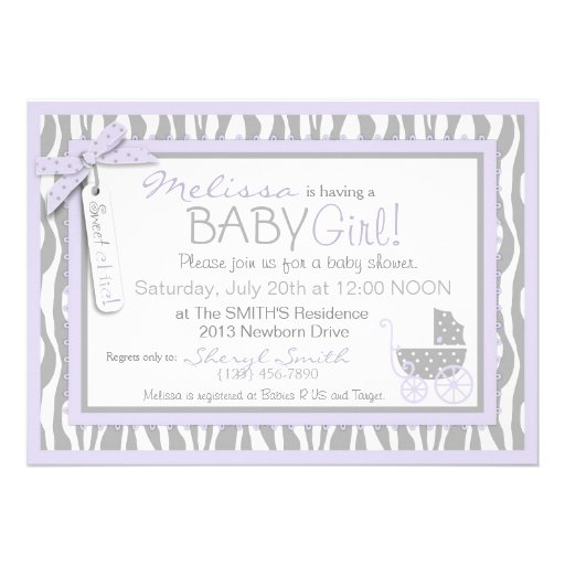 Baby Carriage, Zebra Print & Lavender Baby Shower Invitations