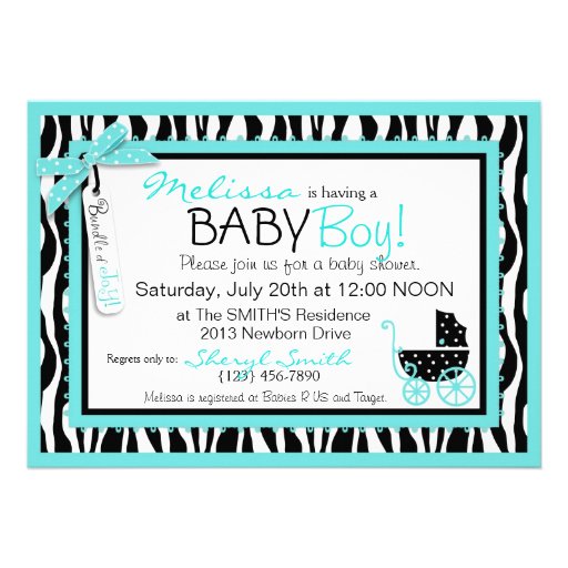 Baby Carriage, Zebra Print & Turquoise Baby Shower Custom Invites
