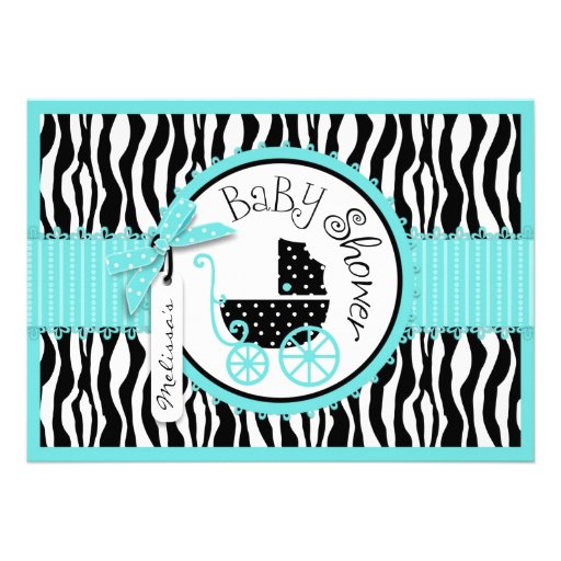 Baby Carriage, Zebra Print & Turquoise Baby Shower Custom Invites
