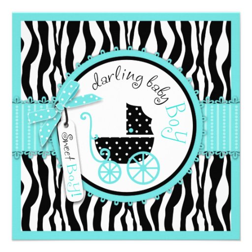 Baby Carriage, Zebra Print & Turquoise Baby Shower Personalized Invitation (front side)