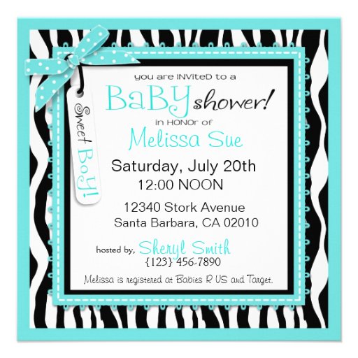 Baby Carriage, Zebra Print & Turquoise Baby Shower Personalized Invitation