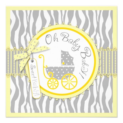 Baby Carriage, Zebra Print & Yellow Baby Shower Personalized Invites