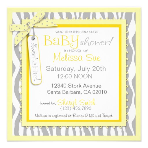 Baby Carriage, Zebra Print & Yellow Baby Shower Personalized Invites