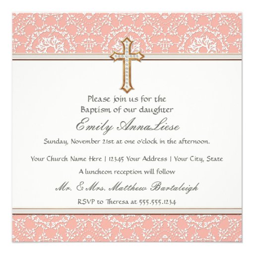 Baby Child Infant Baptism Gold Golden Cross Lace Personalized Invite