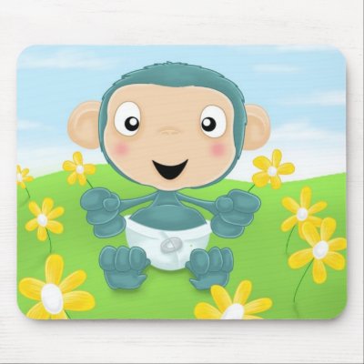 baby chimp in field of flowers mouse pad by c_m_smith