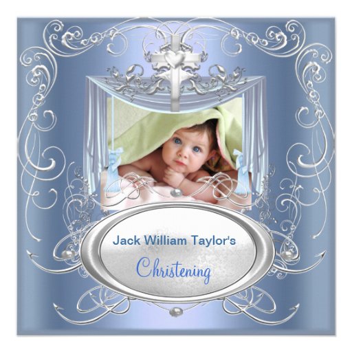 Baby Christening Baptism Boy Blue Silver Cross Invitations