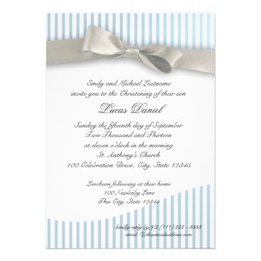 Baby Christening Pinstripe with Bow Custom Announcements