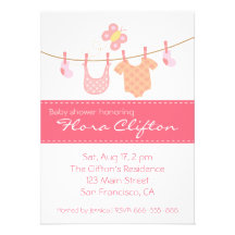 Baby clothes hanging on clothesline with butterfly personalized announcements