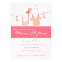 Baby clothes hanging on clothesline with pink bird personalized invitations