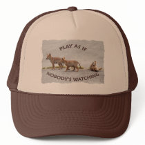 Baby Coyotes Playing Trucker Hats