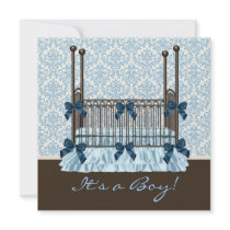 Baby Crib Blue Brown Damask Baby Boy Shower Custom Invitation