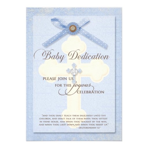 Baby Dedication Invitation - Blue w/ cross & ribbo