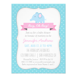 Baby Elephant Baby Boy Shower Blue Polka Dots Personalized Announcements