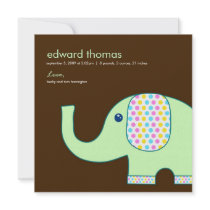 Baby Elephant Birth Announcement, Brown and Green invitations