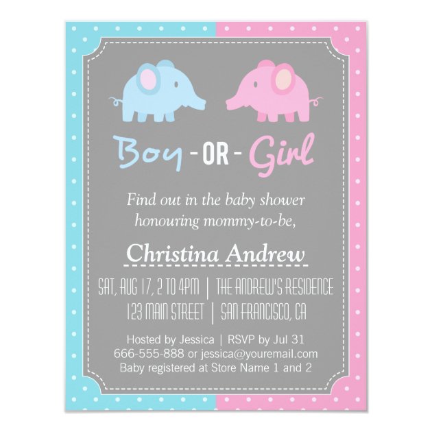 Baby Elephant Gender Reveal Baby Shower Party Card