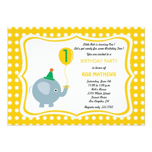 Baby elephant with  yellow polka dot background personalized invite
