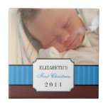 Baby first christmas blue ribbon stripe keepsake ceramic tiles