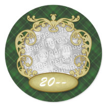 Baby First Christmas Green Plaid Round Sticker