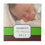 Baby first christmas green ribbon stripe keepsake tile