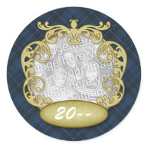 Baby First Christmas Navy Blue Plaid Round Stickers