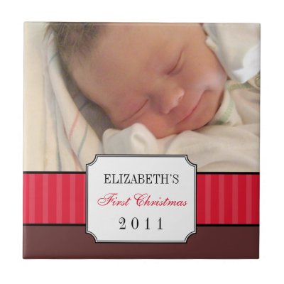 Baby first christmas red ribbon stripe keepsake tiles by FidesDesign