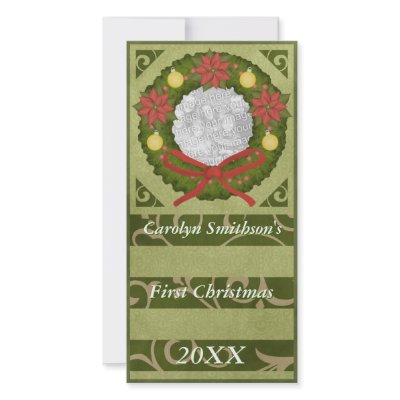Baby First Christmas Wreath Green Photo Cards by OrangeBirdDesigns
