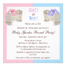 Baby Gender Reveal Pink & Blue Bunnies & Cribs Custom Invites