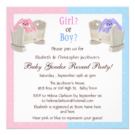 Baby Gender Reveal Pink & Blue Bunnies & Cribs Custom Invites
