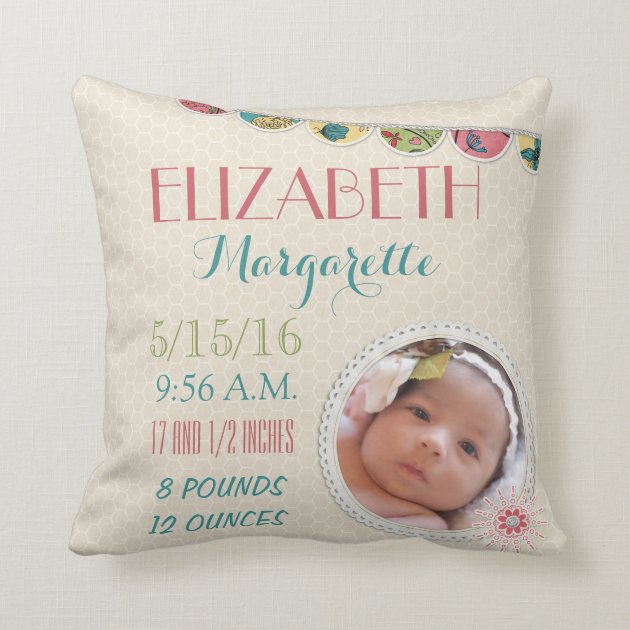 Baby Girl Announcement Photo Throw Pillows